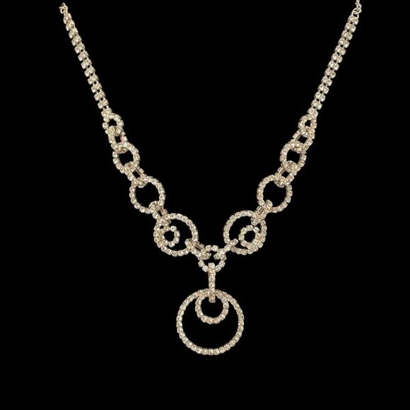 Rhinestone Necklace Faceted Clear Prong Set Silvertone Circles Bling Statement - Picture 1 of 5
